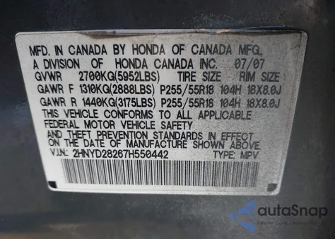 2007 Acura Mdx z USA, uszkodzony, nr VIN 2HNYD28267H550442